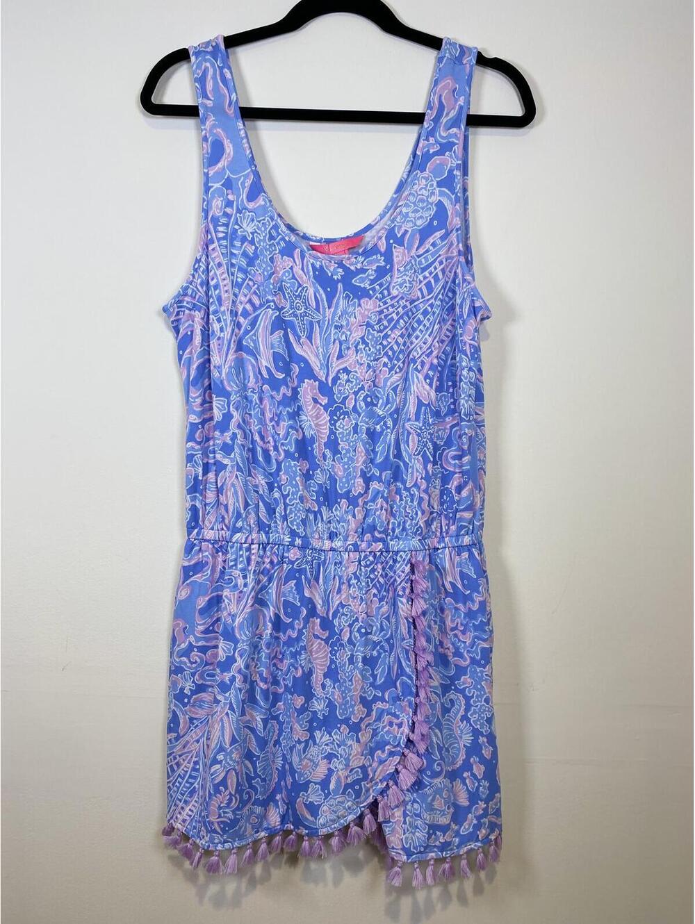 Lilly Pulitzer Blue and Purple Sleeveless Dress with Tassel Trim, Size L